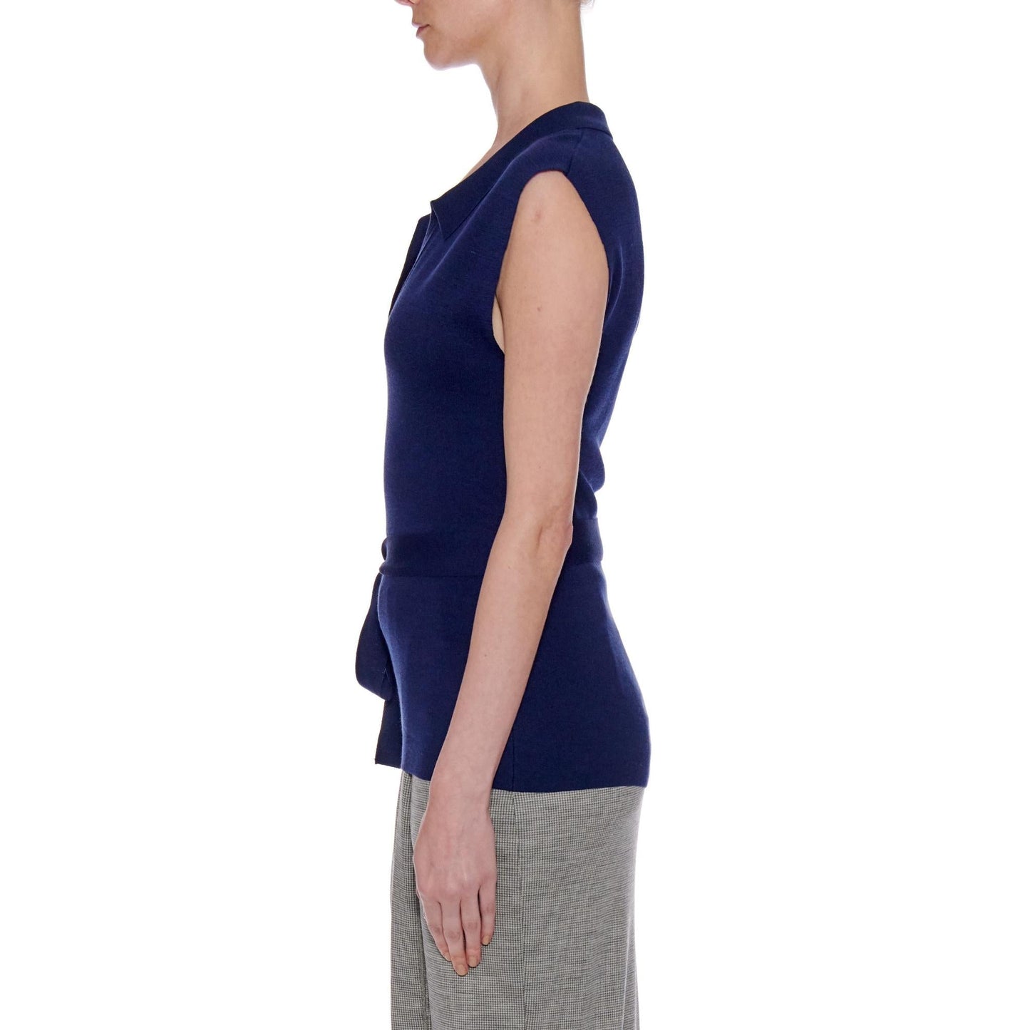 Women Girona Top - Knit Open Collar Top With Belt -  Navy