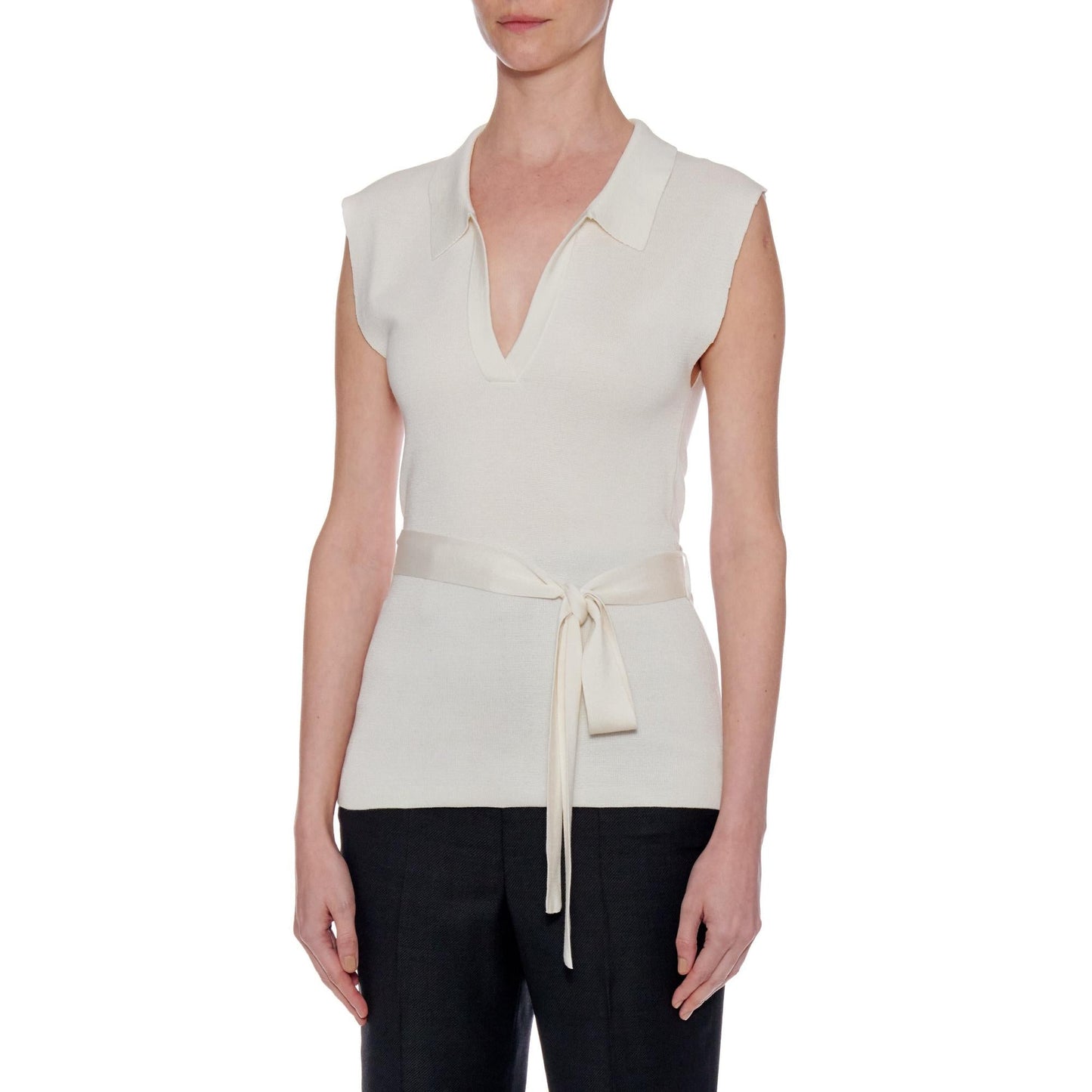 Women Girona Top - Knit Open Collar Top With Belt - White