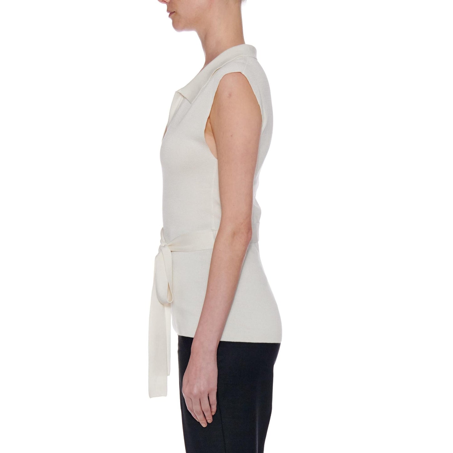 Women Girona Top - Knit Open Collar Top With Belt - White