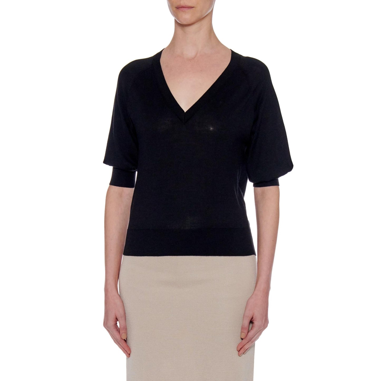 Women Sagunto Top - Contrast Knit Short Sleeve Silk T-Shirt - Black