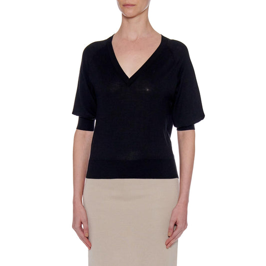 Women Sagunto Top - Contrast Knit Short Sleeve Silk T-Shirt - Black
