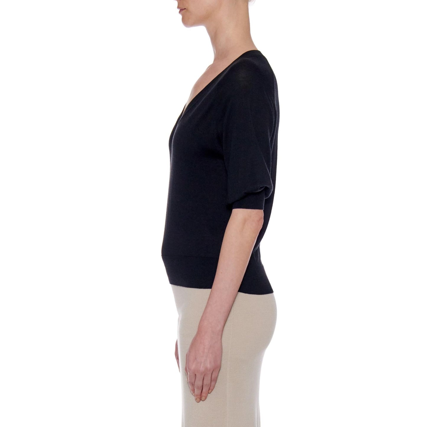 Women Sagunto Top - Contrast Knit Short Sleeve Silk T-Shirt - Black