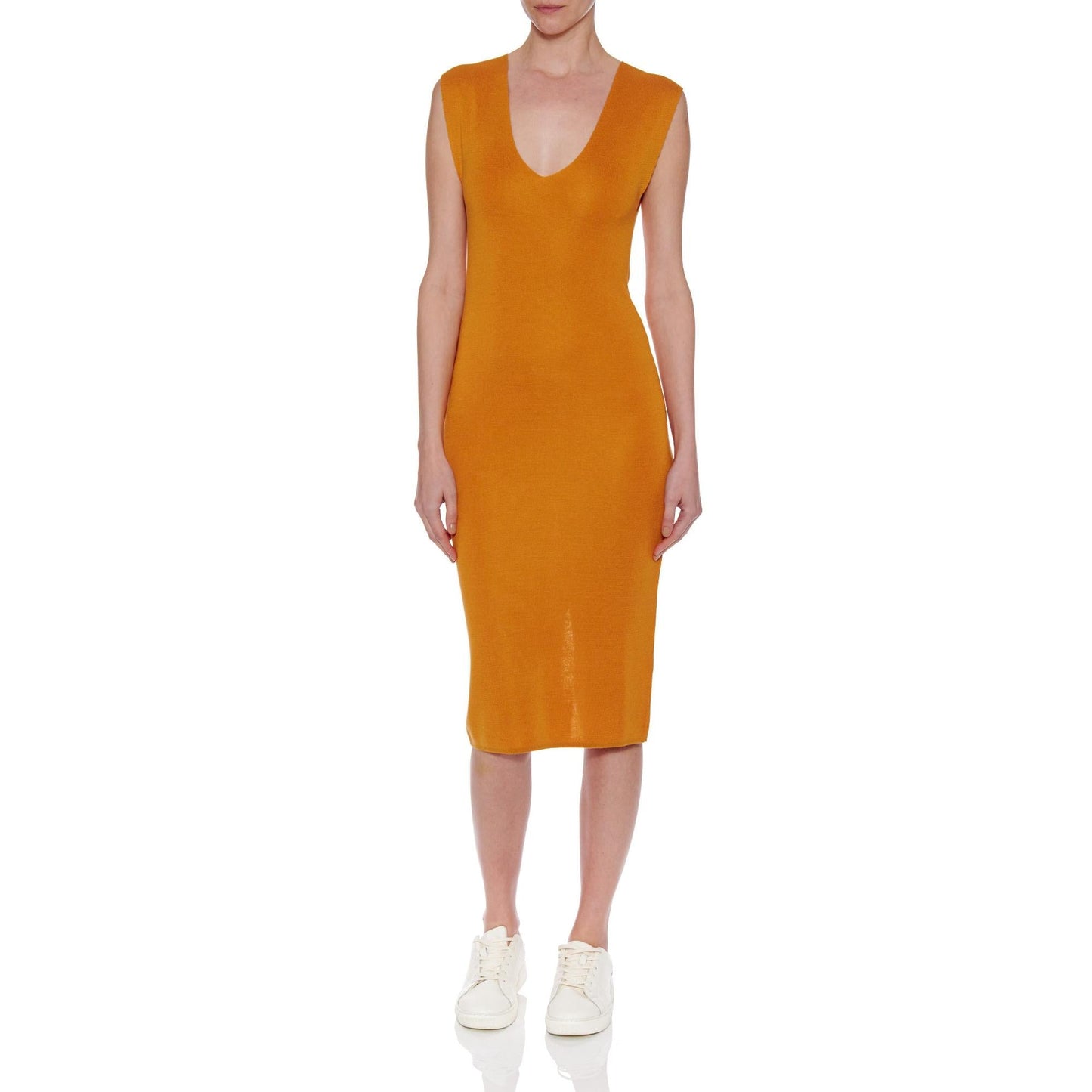 Women Seville Dress - Midi Plain Knit Silk Dress - Ochre yellow