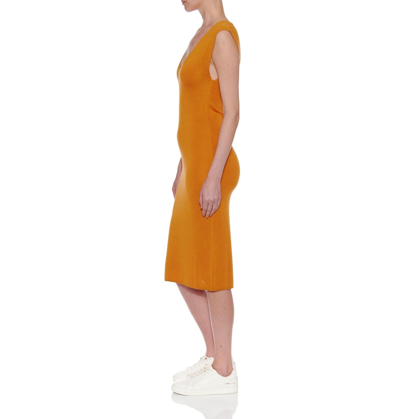 Women Seville Dress - Midi Plain Knit Silk Dress - Ochre yellow