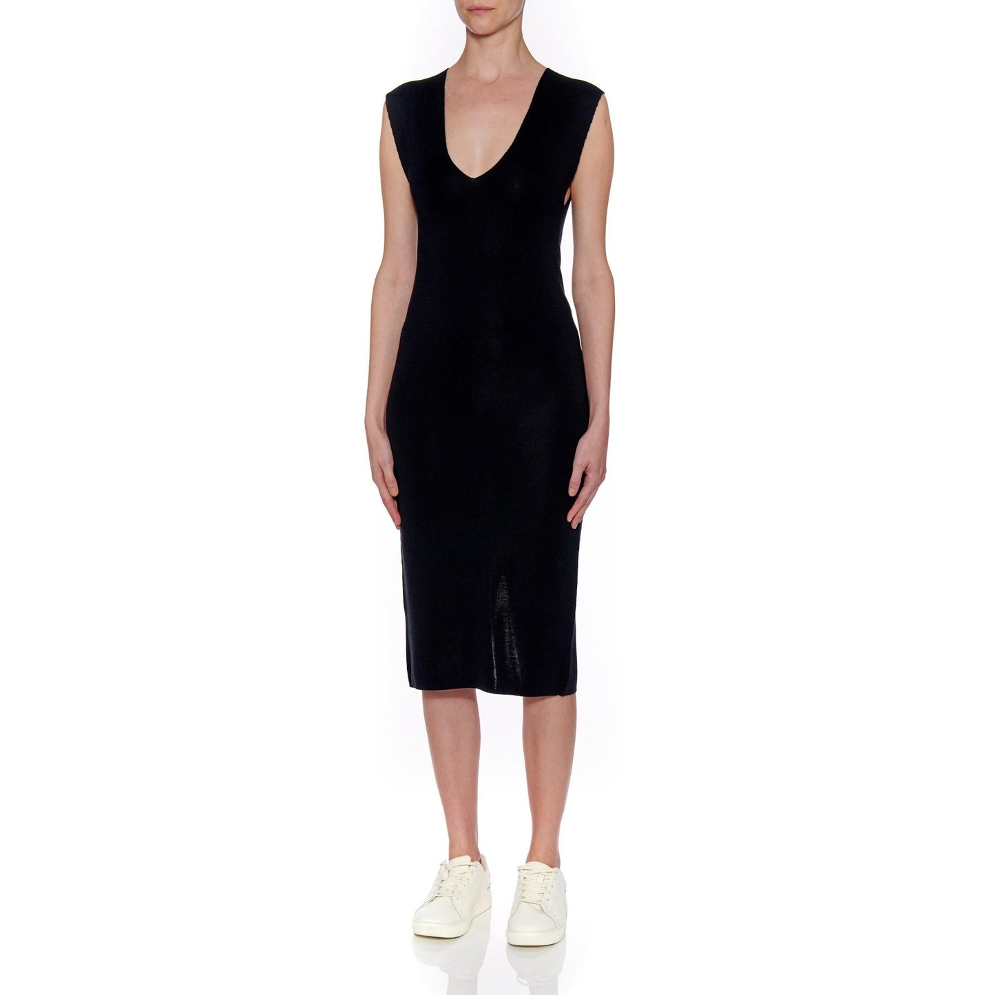 Women Seville Dress - Midi Plain Knit Silk Dress - Black