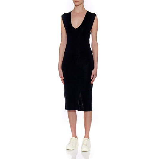 Women Seville Dress - Midi Plain Knit Silk Dress - Black