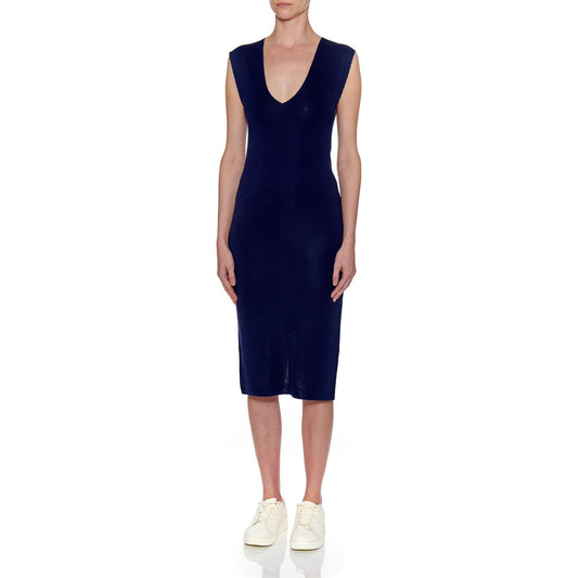 Women Seville Dress - Midi Plain Knit Silk Dress - Navy