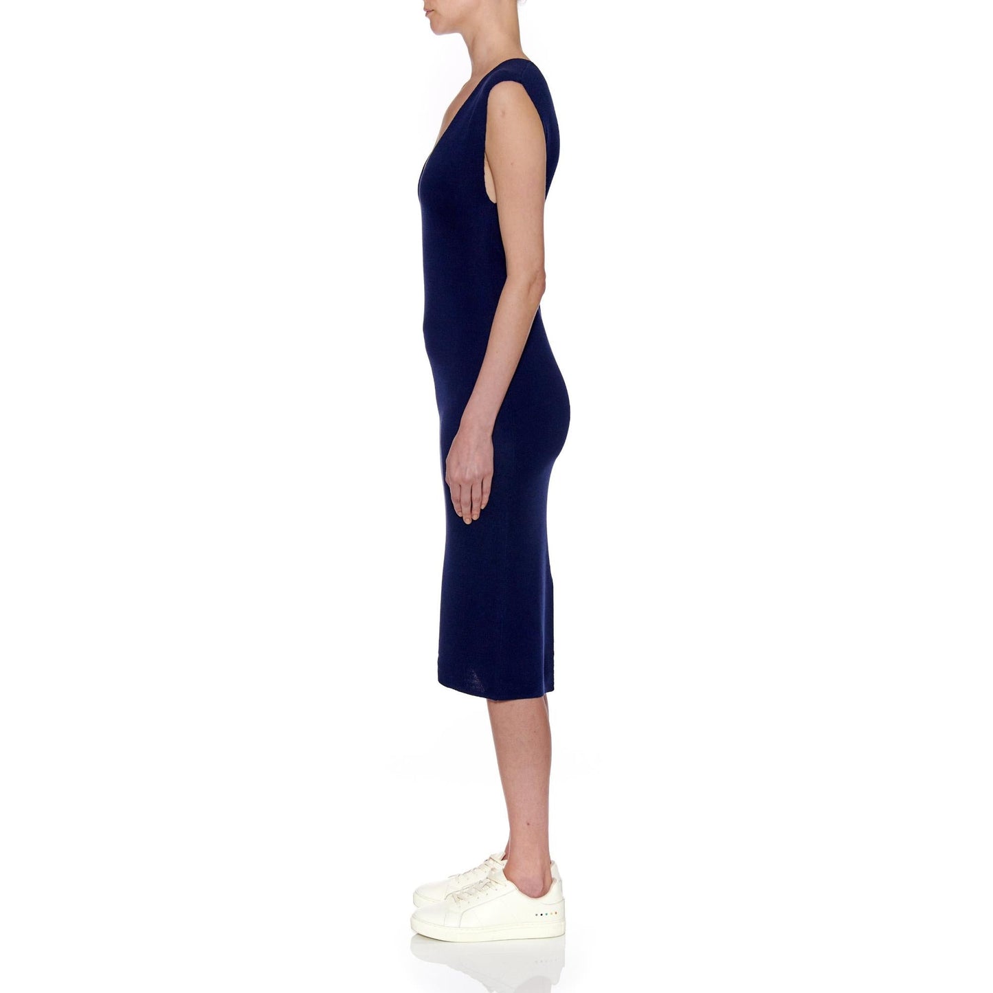 Women Seville Dress - Midi Plain Knit Silk Dress - Navy