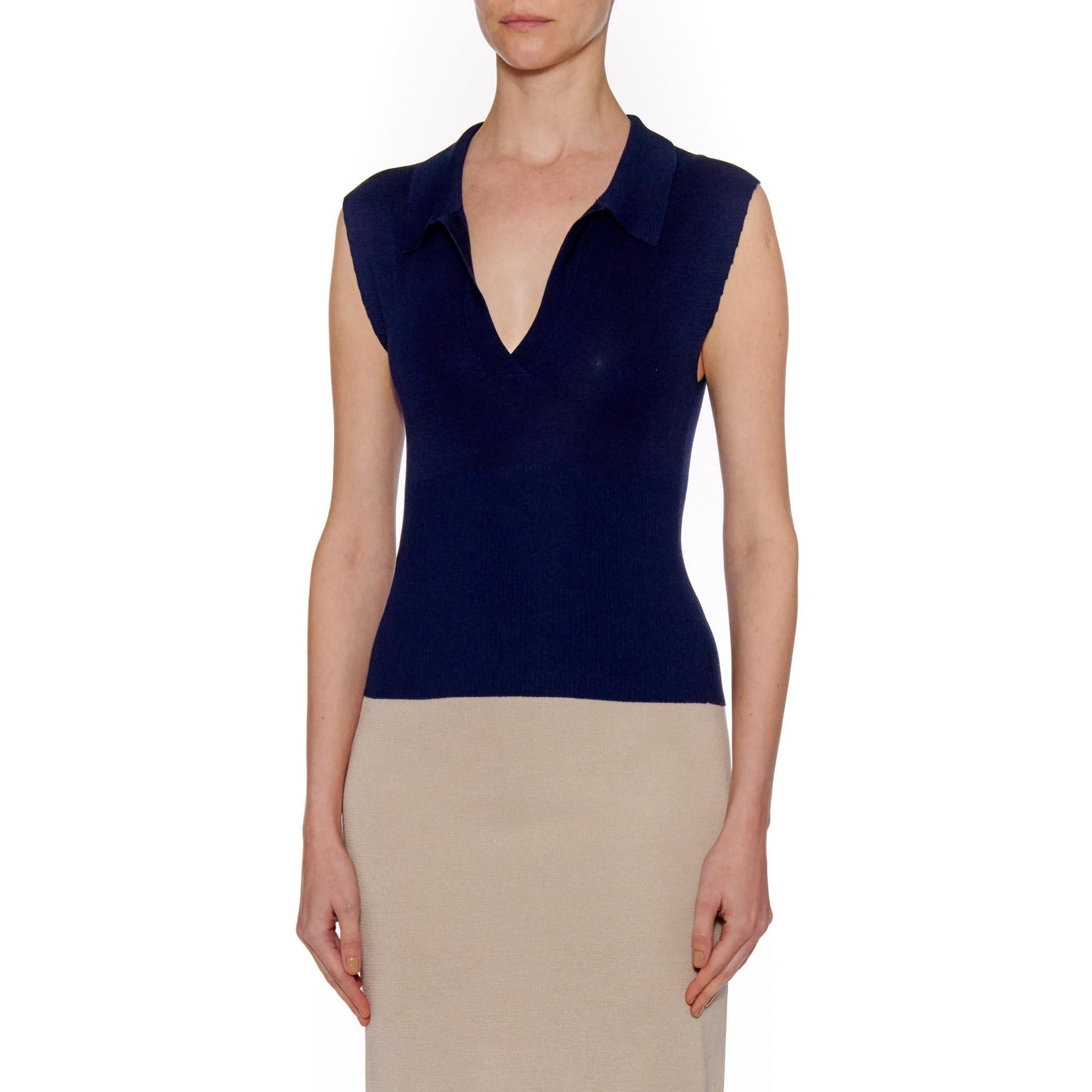 Women Palma Top - Knit Open Collar Cropped Top - Navy