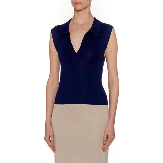 Women Palma Top - Knit Open Collar Cropped Top - Navy