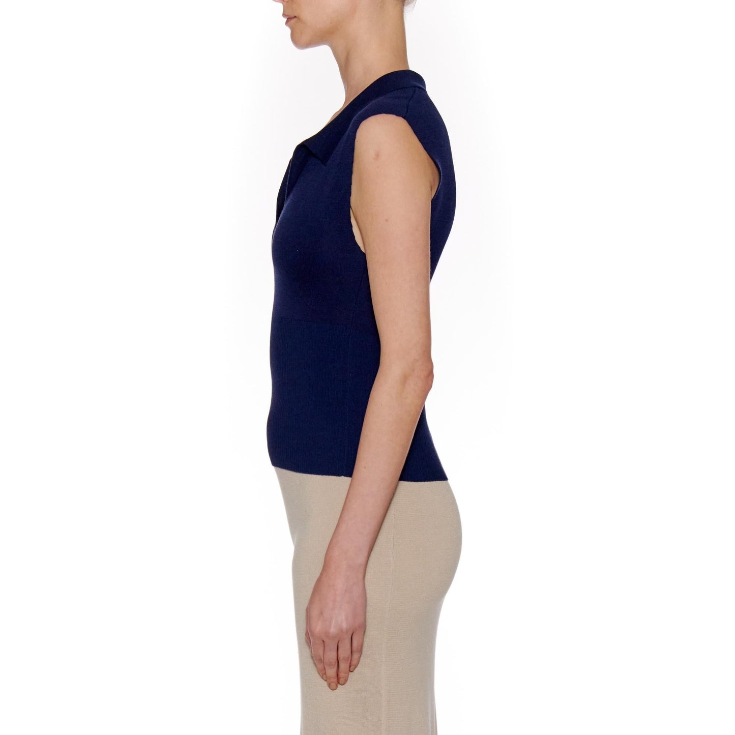 Women Palma Top - Knit Open Collar Cropped Top - Navy
