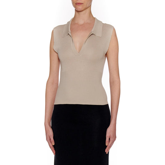 Women Palma Top - Knit Open Collar Cropped Top -  Beige
