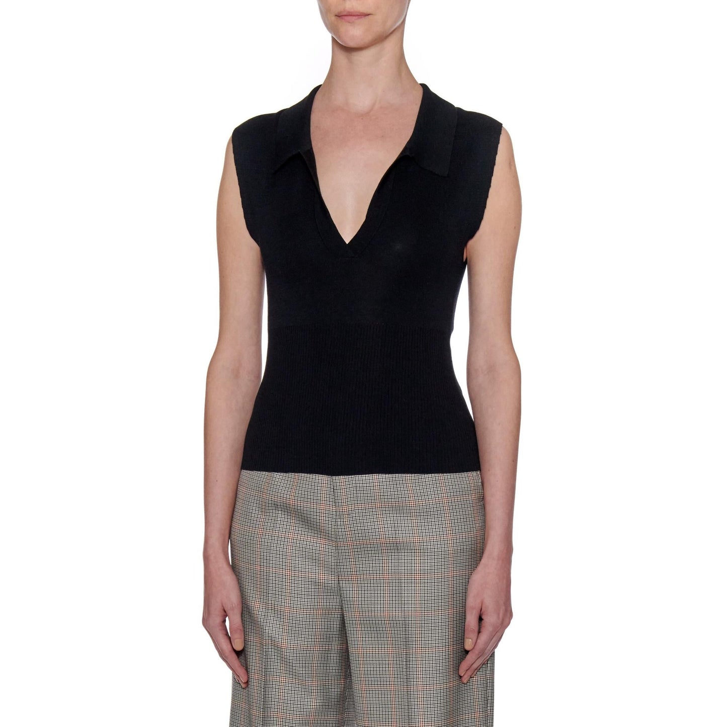 Women Palma Top - Knit Open Collar Cropped Top - Black
