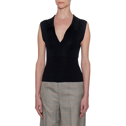 Women Palma Top - Knit Open Collar Cropped Top - Black