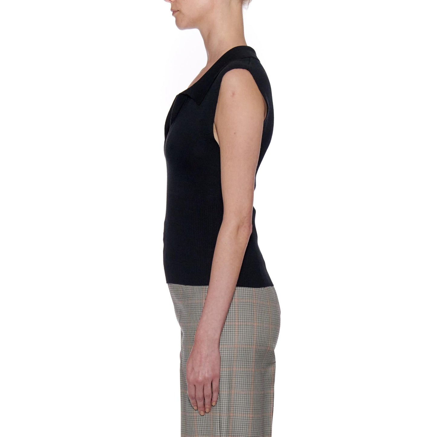 Women Palma Top - Knit Open Collar Cropped Top - Black