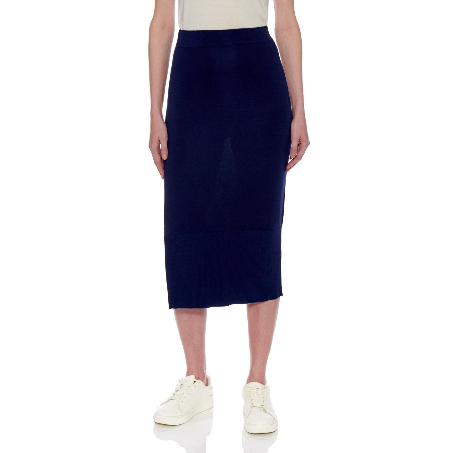 Women Rouen Skirt - Knitted Pure Silk Pencil Skirt With Slit in Navy