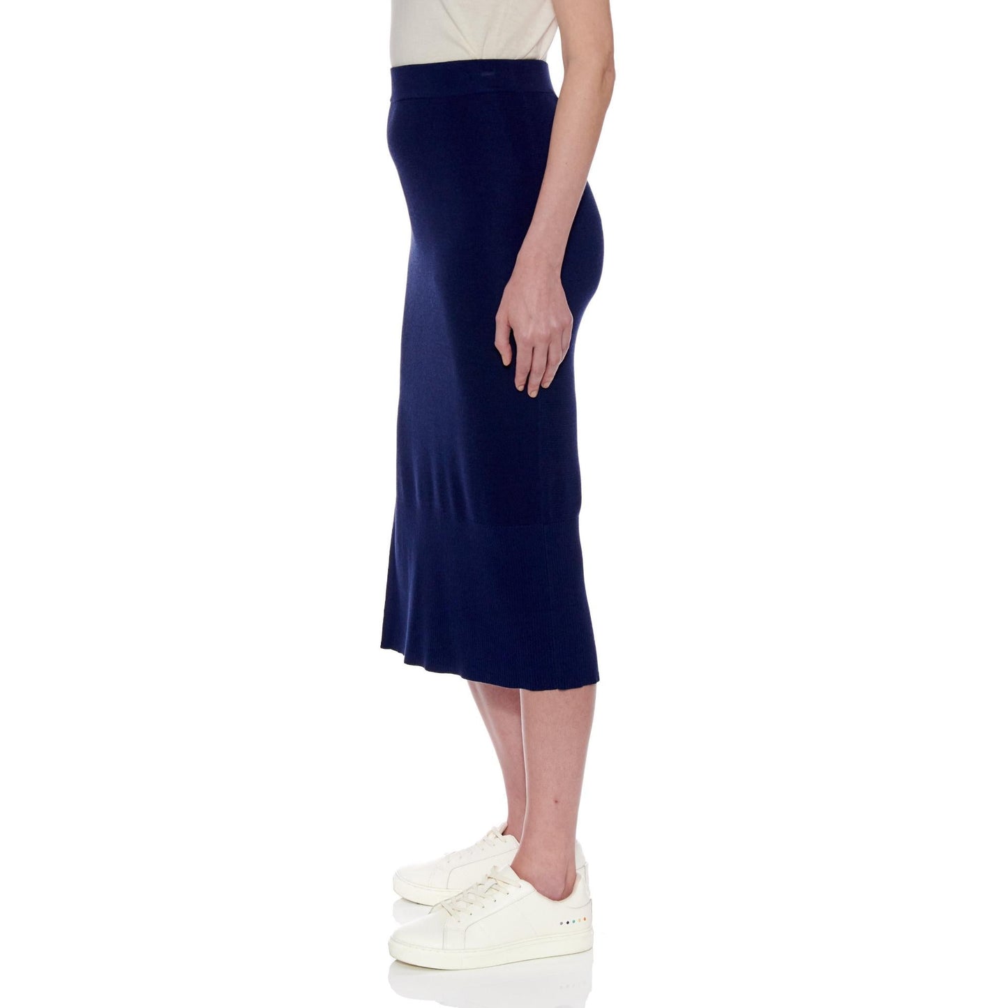 Women Rouen Skirt - Knitted Pure Silk Pencil Skirt With Slit in Navy