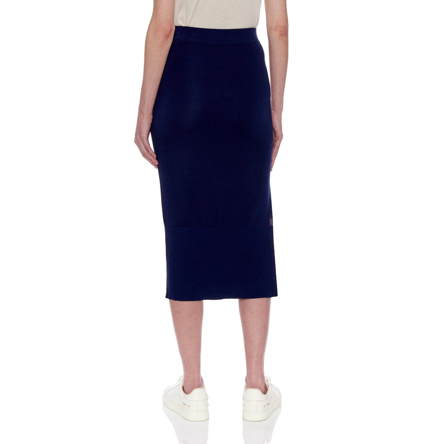 Women Rouen Skirt - Knitted Pure Silk Pencil Skirt With Slit in Navy