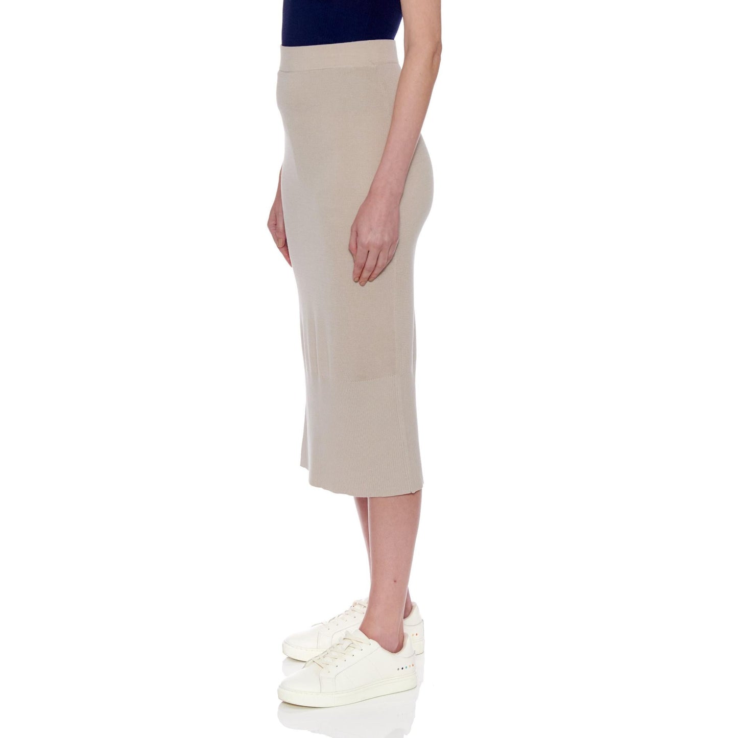 Women Rouen Skirt - Knitted Pure Silk Pencil Skirt With Slit in Beige