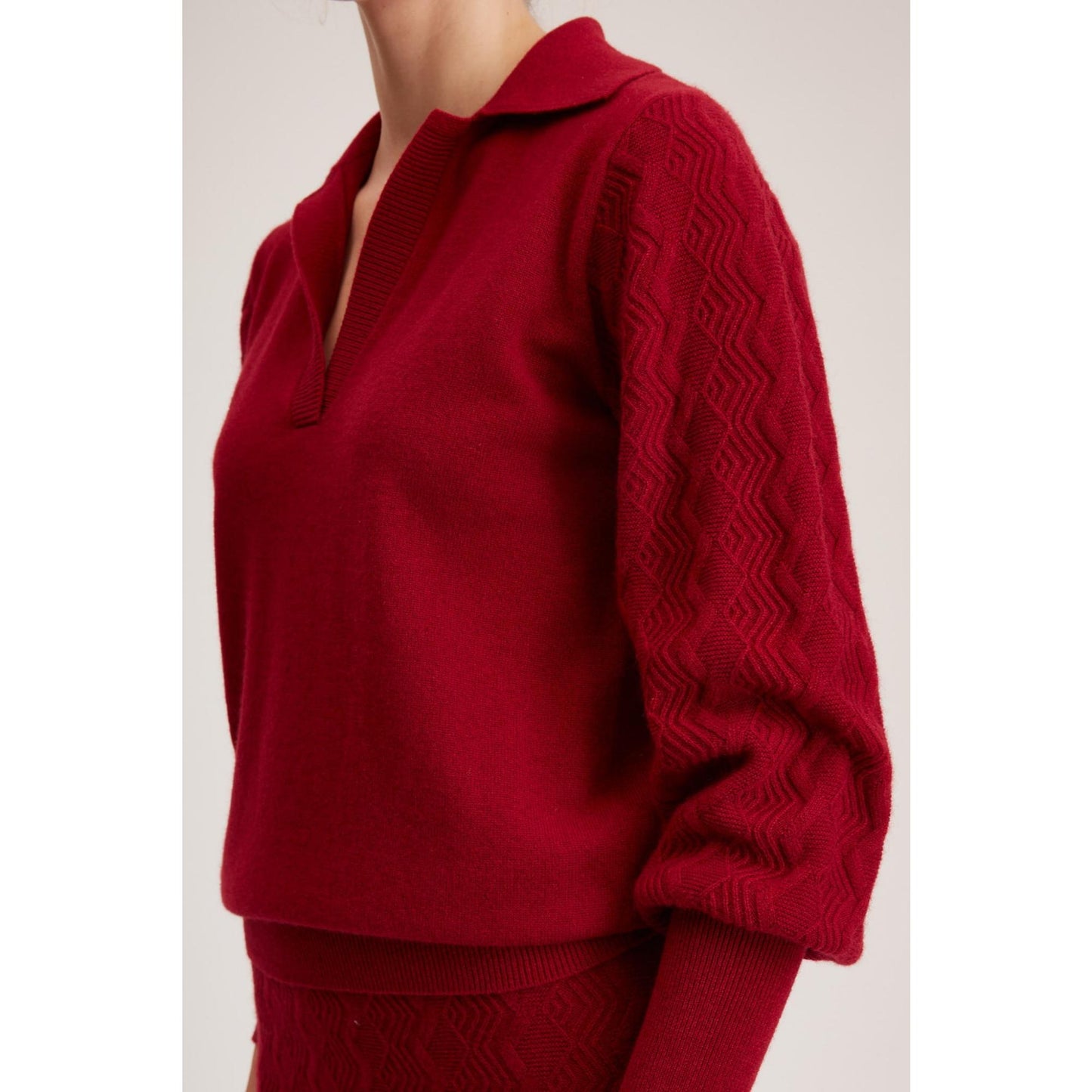 Women York Knit Top - Open Polo Neck Loose Fit Knit Sweater in Red Wine