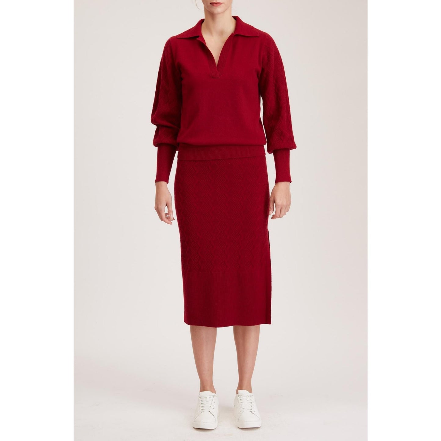 Women York Knit Top - Open Polo Neck Loose Fit Knit Sweater in Red Wine