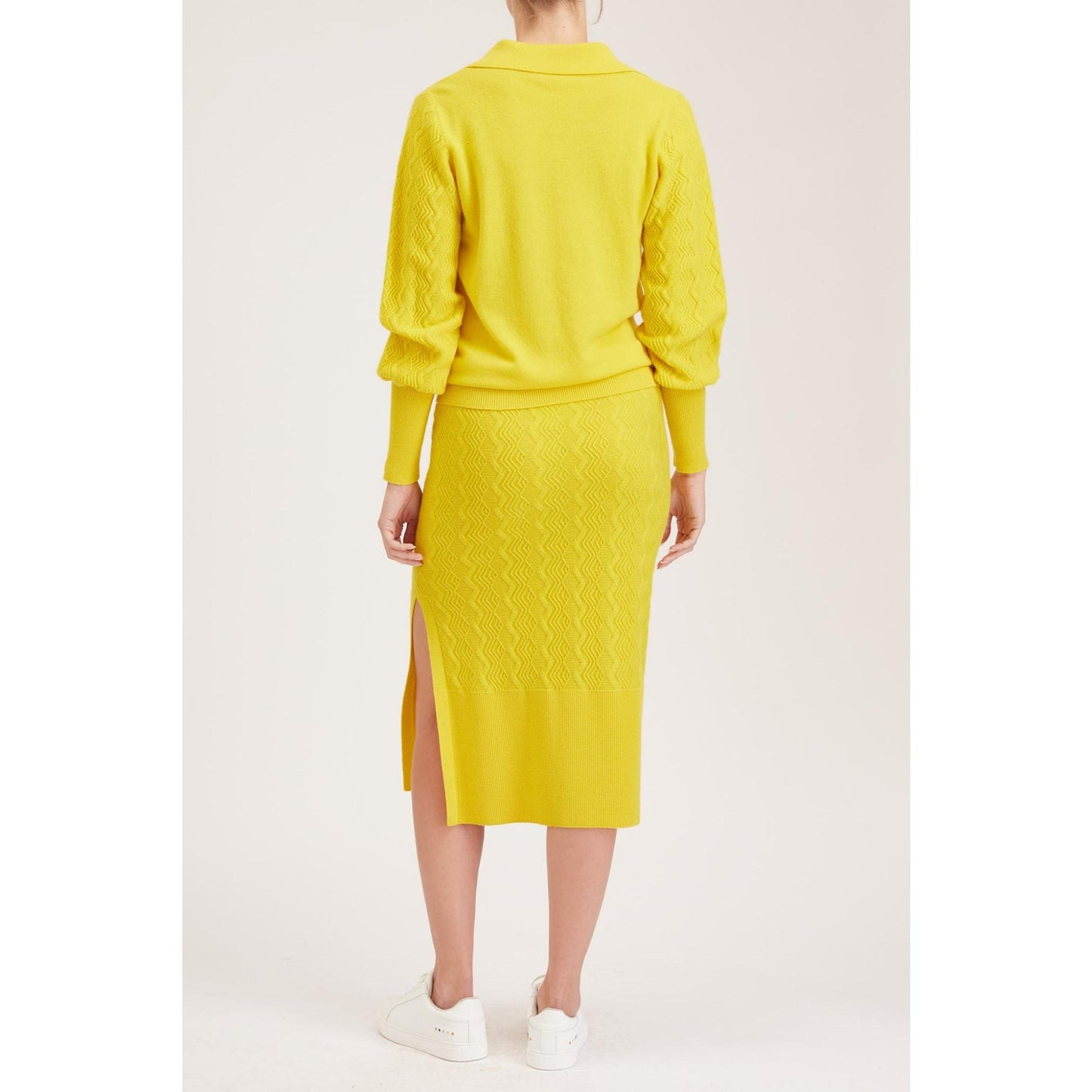 Women Rouen Knit Skirt - Knitted Pencil Skirt With Side Slit in Yellow Cashmere