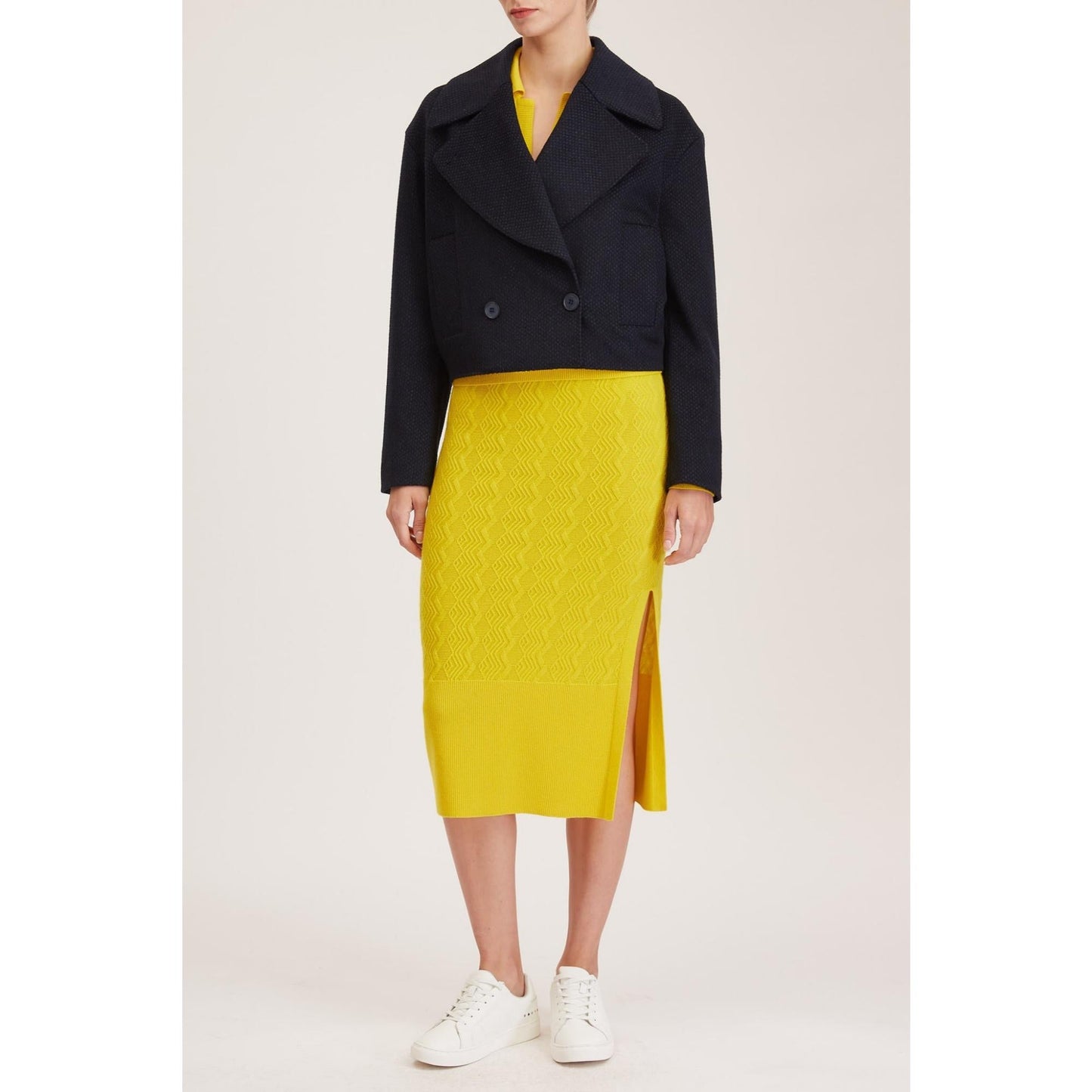 Women Rouen Knit Skirt - Knitted Pencil Skirt With Side Slit in Yellow Cashmere
