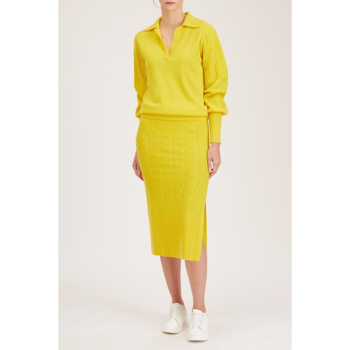 Women Rouen Knit Skirt - Knitted Pencil Skirt With Side Slit in Yellow Cashmere