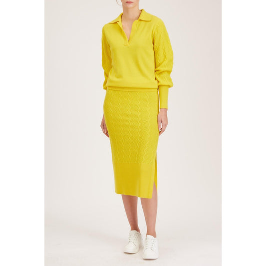 Women Rouen Knit Skirt - Knitted Pencil Skirt With Side Slit in Yellow Cashmere