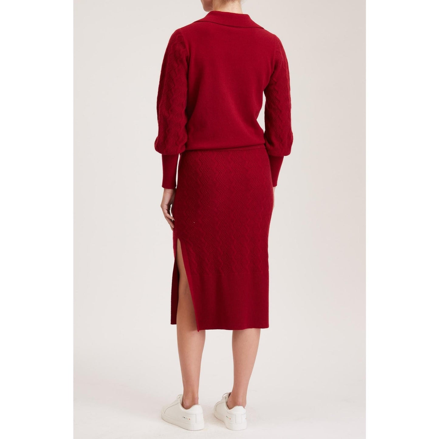 Women Rouen Knit Skirt - Knitted Pencil Skirt With Side Slit in Red Wine Cashmere