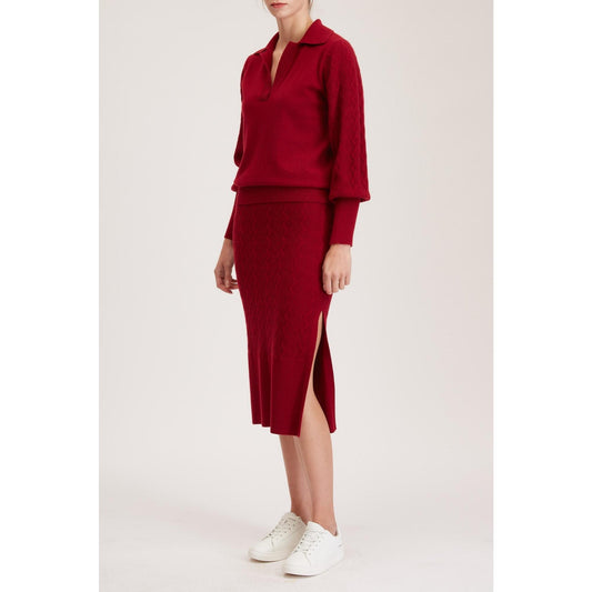 Women Rouen Knit Skirt - Knitted Pencil Skirt With Side Slit in Red Wine Cashmere