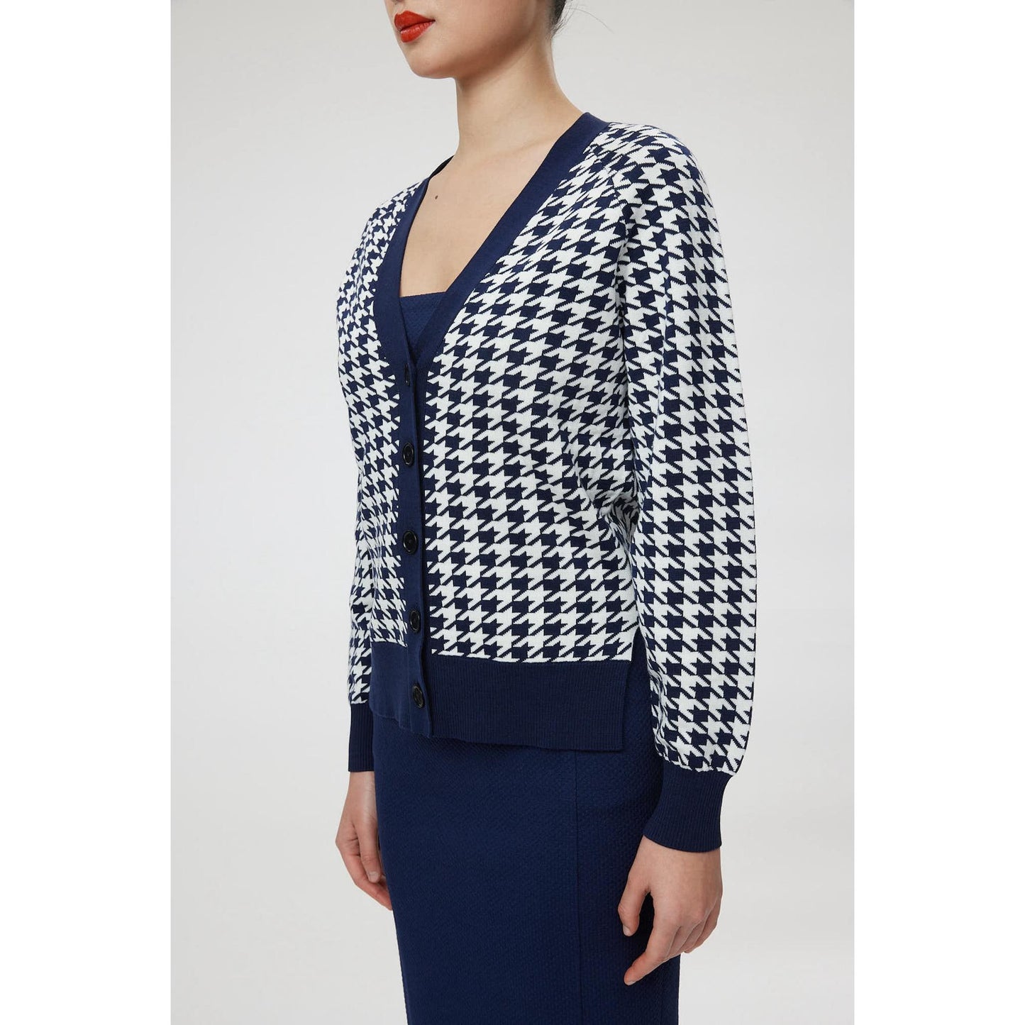 Women Luca Cardigan - Cardigan in Navy & White Dogtooth Jacquard Knit