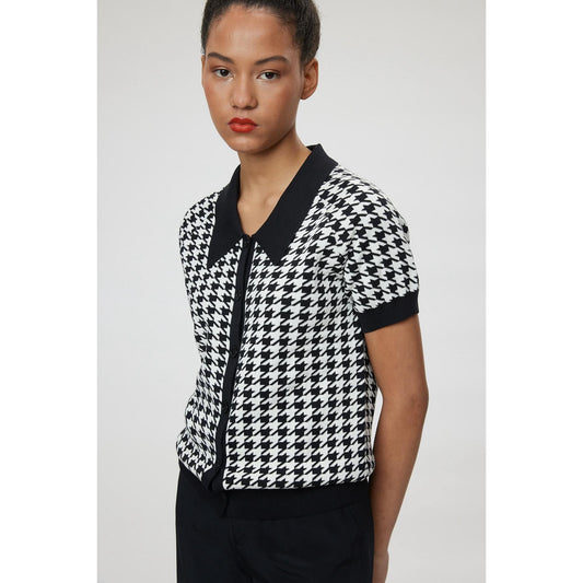 Women Vicenza Cardigan - Button Down Blouse in Black And White Dogtooth