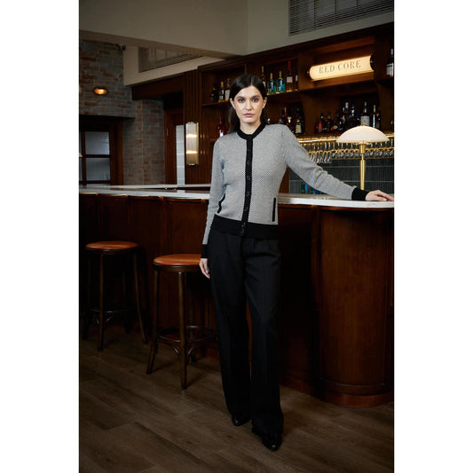 Women Lisbon Cardigan - Two Tone Cardigan in Twill - Black/Daisy White