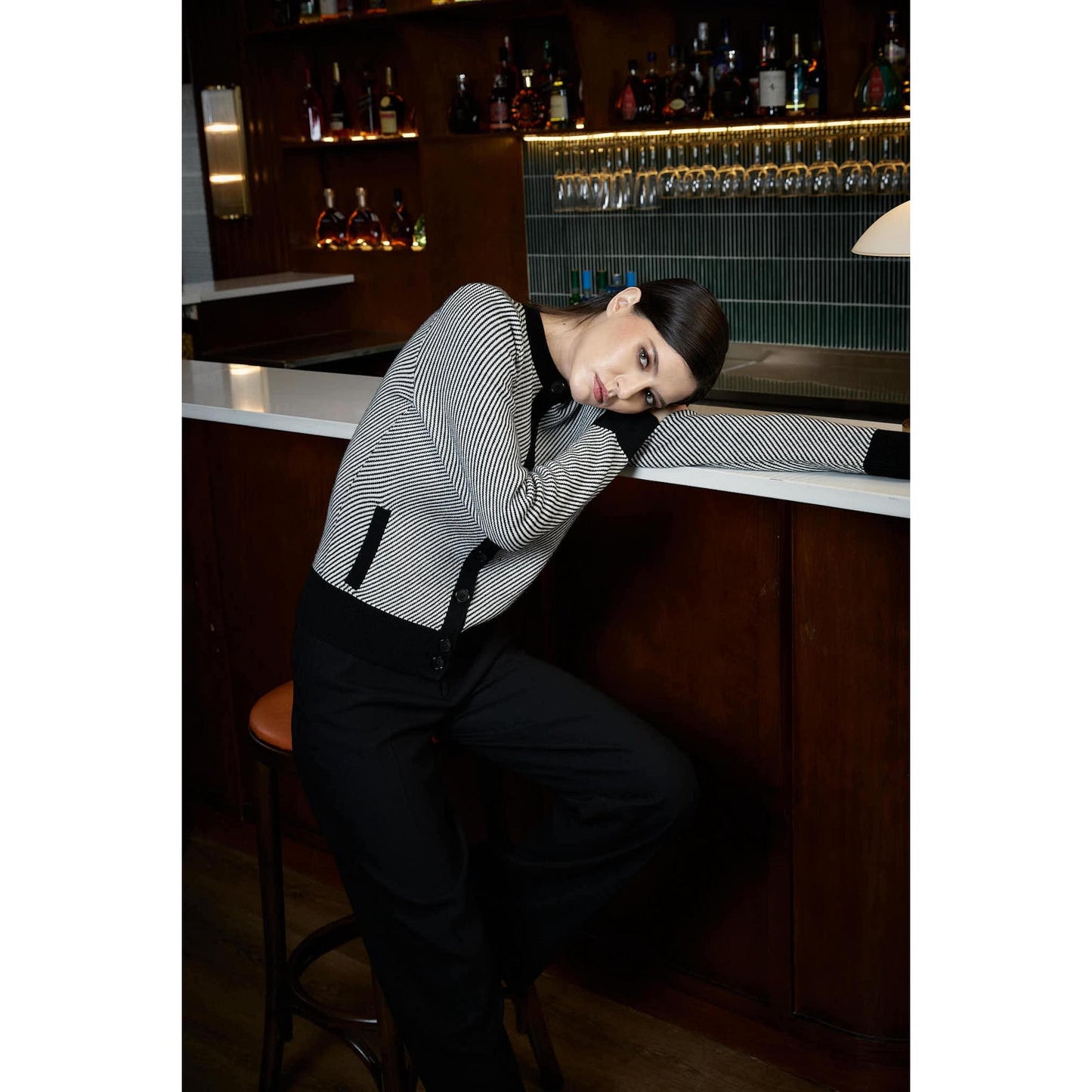 Women Lisbon Cardigan - Two Tone Cardigan in Twill - Black/Daisy White