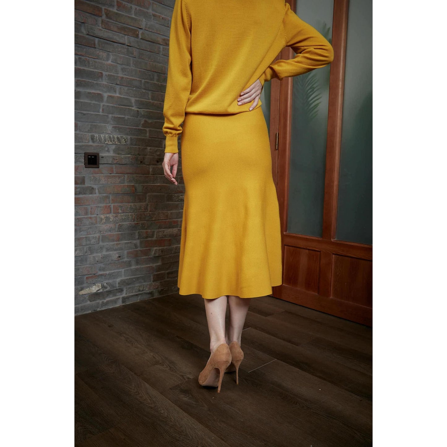 Women Queluz Skirt - Trumpet Midi Skirt in Ochre Yellow