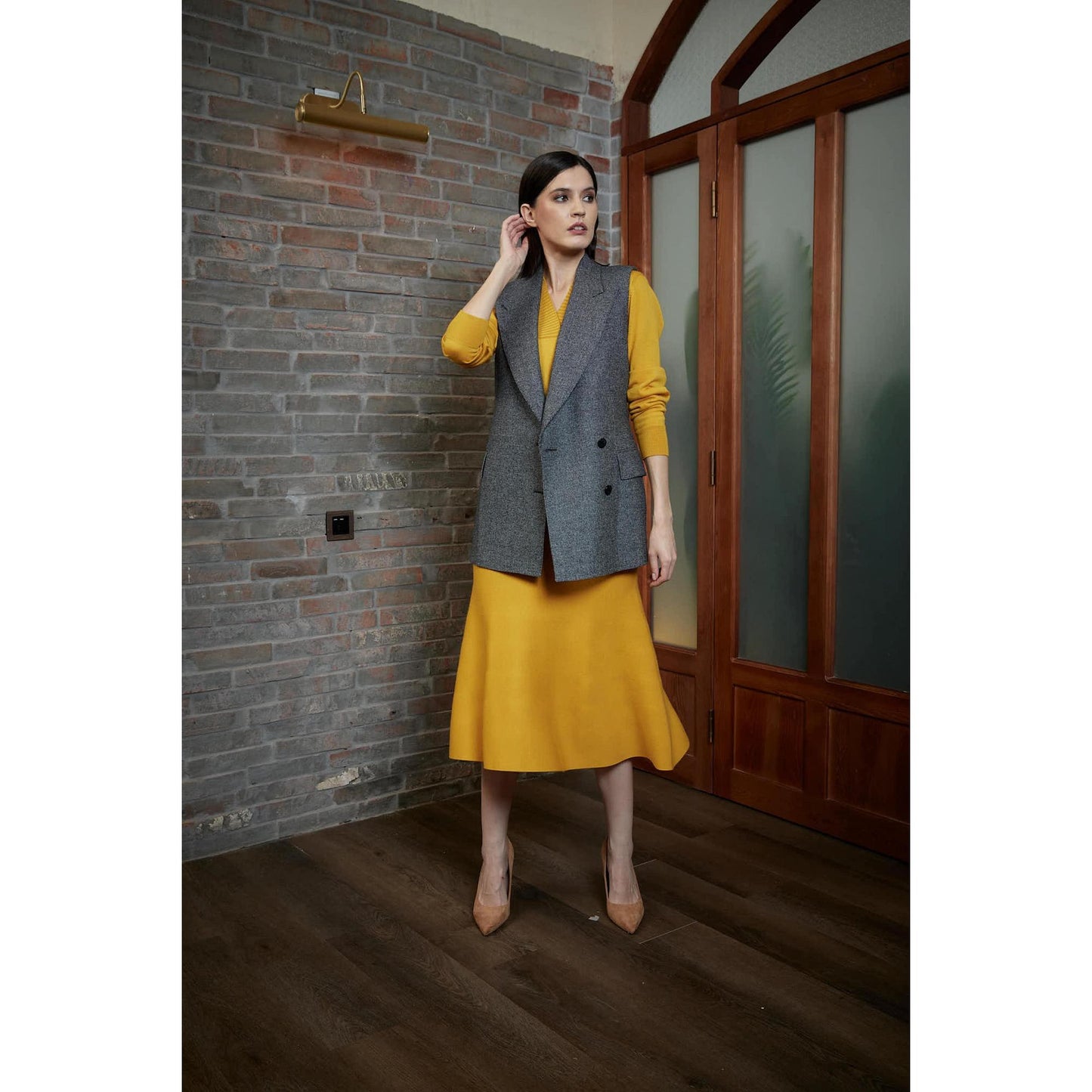 Women Queluz Skirt - Trumpet Midi Skirt in Ochre Yellow