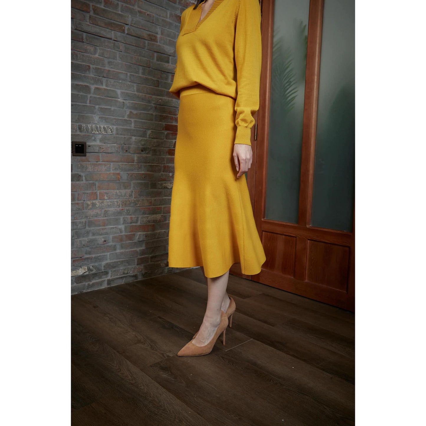 Women Queluz Skirt - Trumpet Midi Skirt in Ochre Yellow