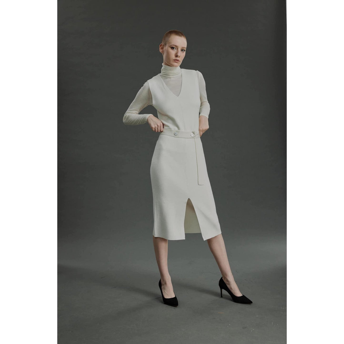 Women Porto Knit Dress - Knit V-Neck Dress in White