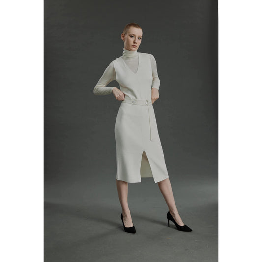 Women Porto Knit Dress - Knit V-Neck Dress in White