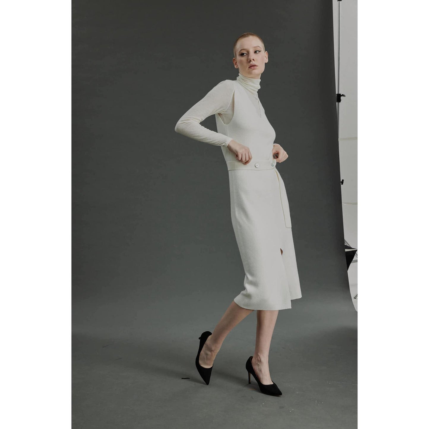 Women Porto Knit Dress - Knit V-Neck Dress in White