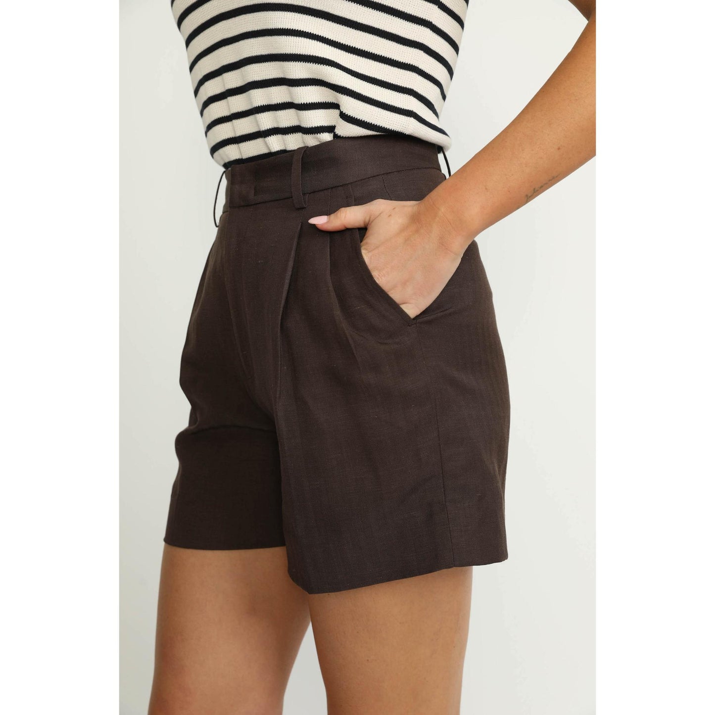 Women Biel Shorts - Biel High Waisted Shorts in Brown Herringbone