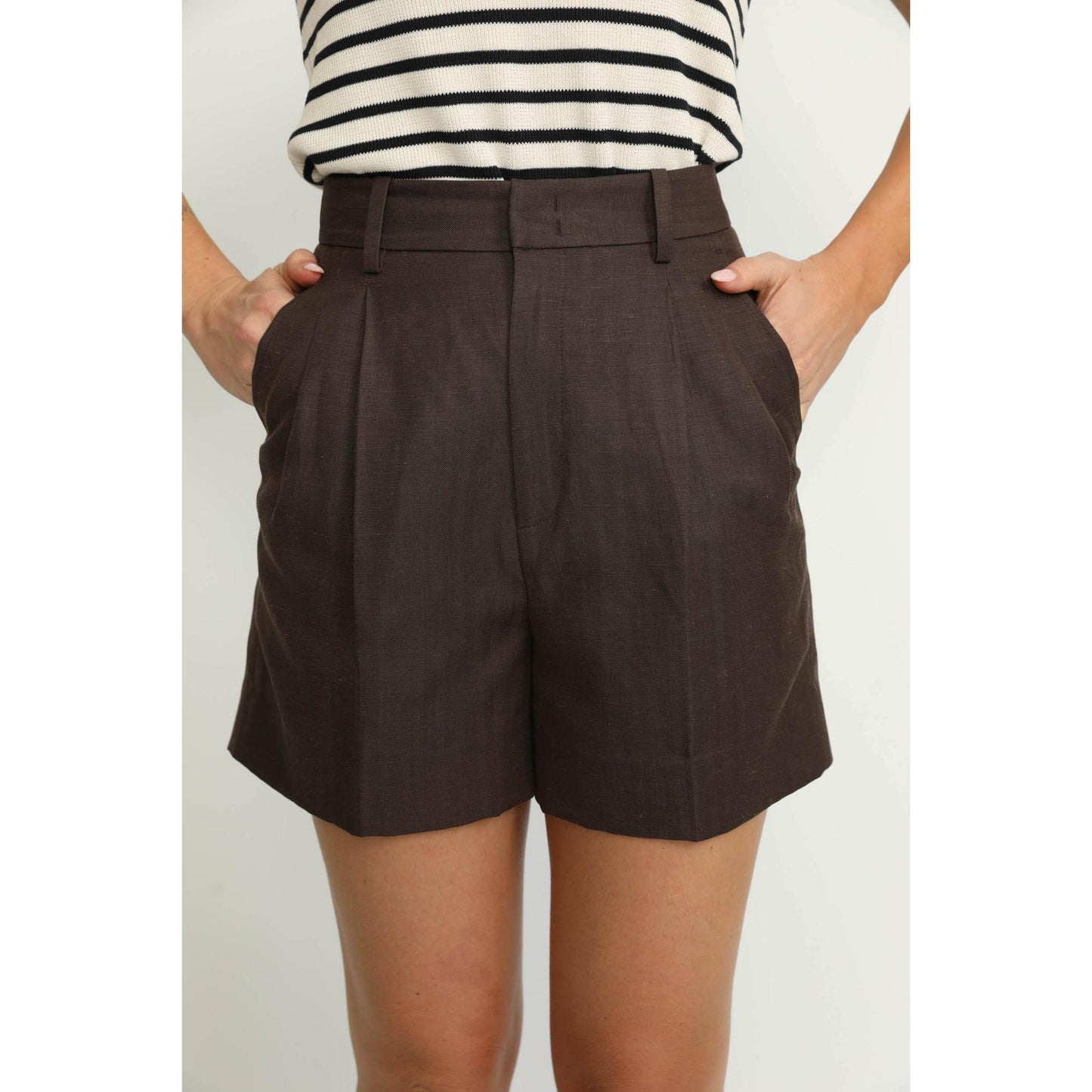 Women Biel Shorts - Biel High Waisted Shorts in Brown Herringbone