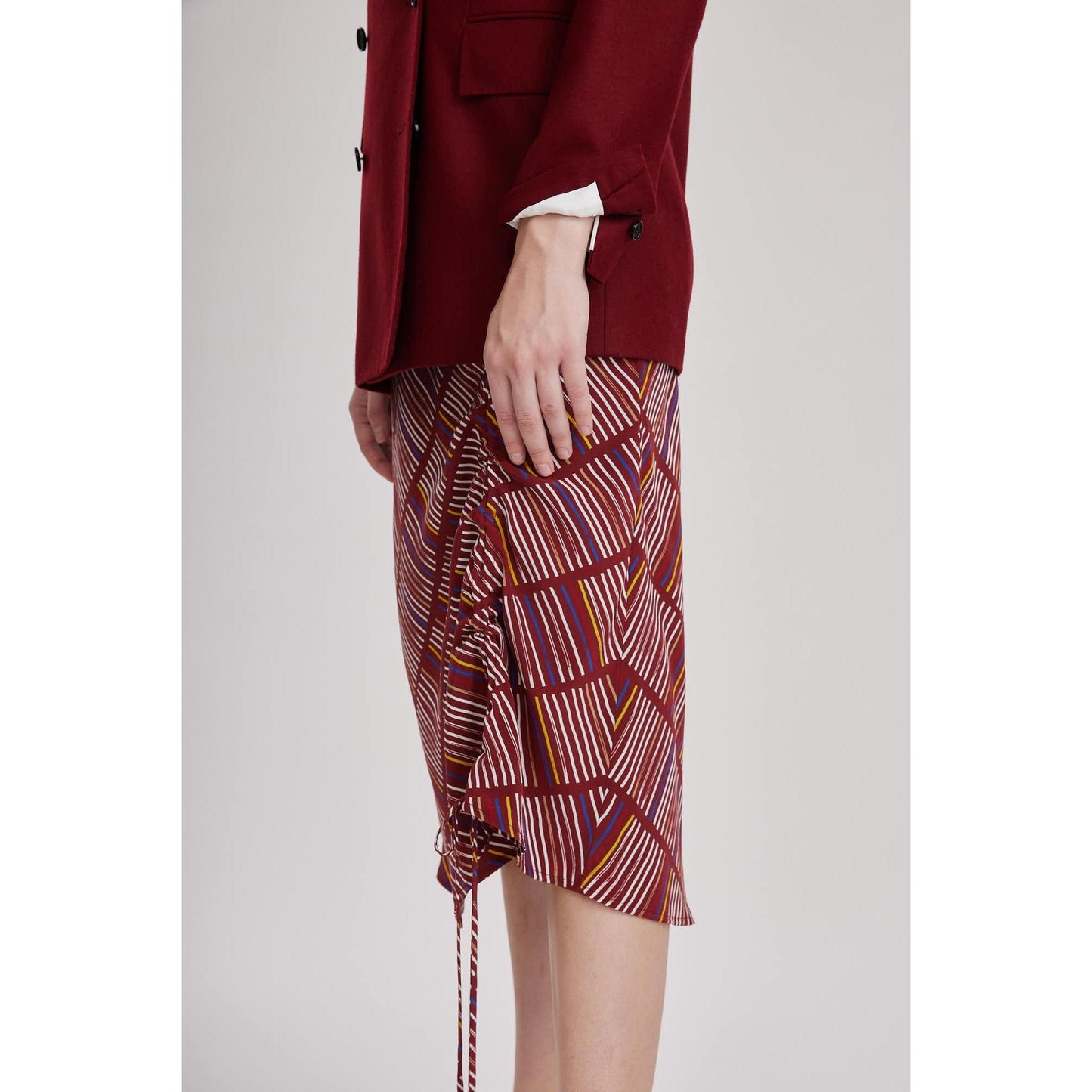 Women Cumbria Skirt - Midi Slip Skirt in Printed Red Wine Silk Crepe De Chine