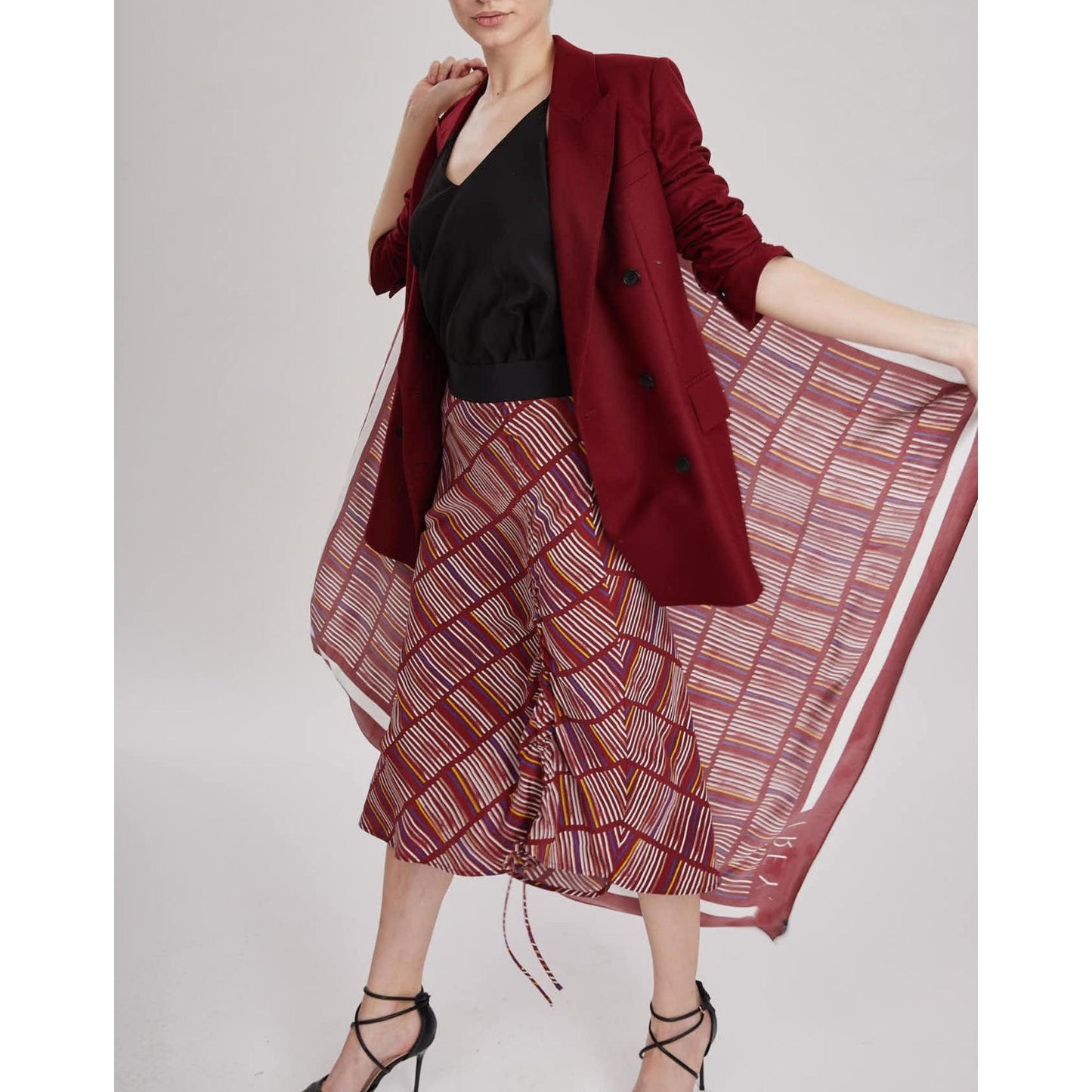 Women Cumbria Skirt - Midi Slip Skirt in Printed Red Wine Silk Crepe De Chine
