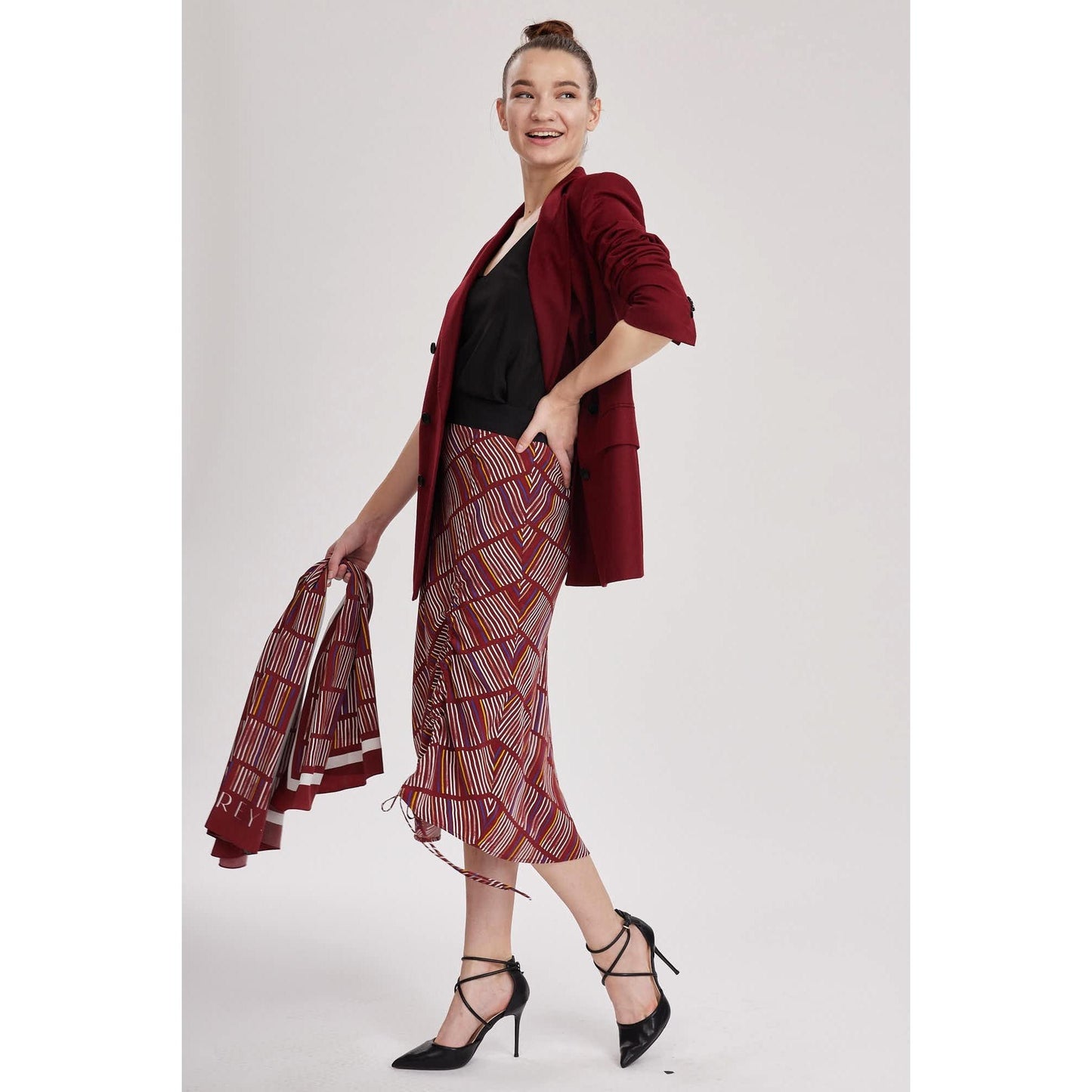 Women Cumbria Skirt - Midi Slip Skirt in Printed Red Wine Silk Crepe De Chine