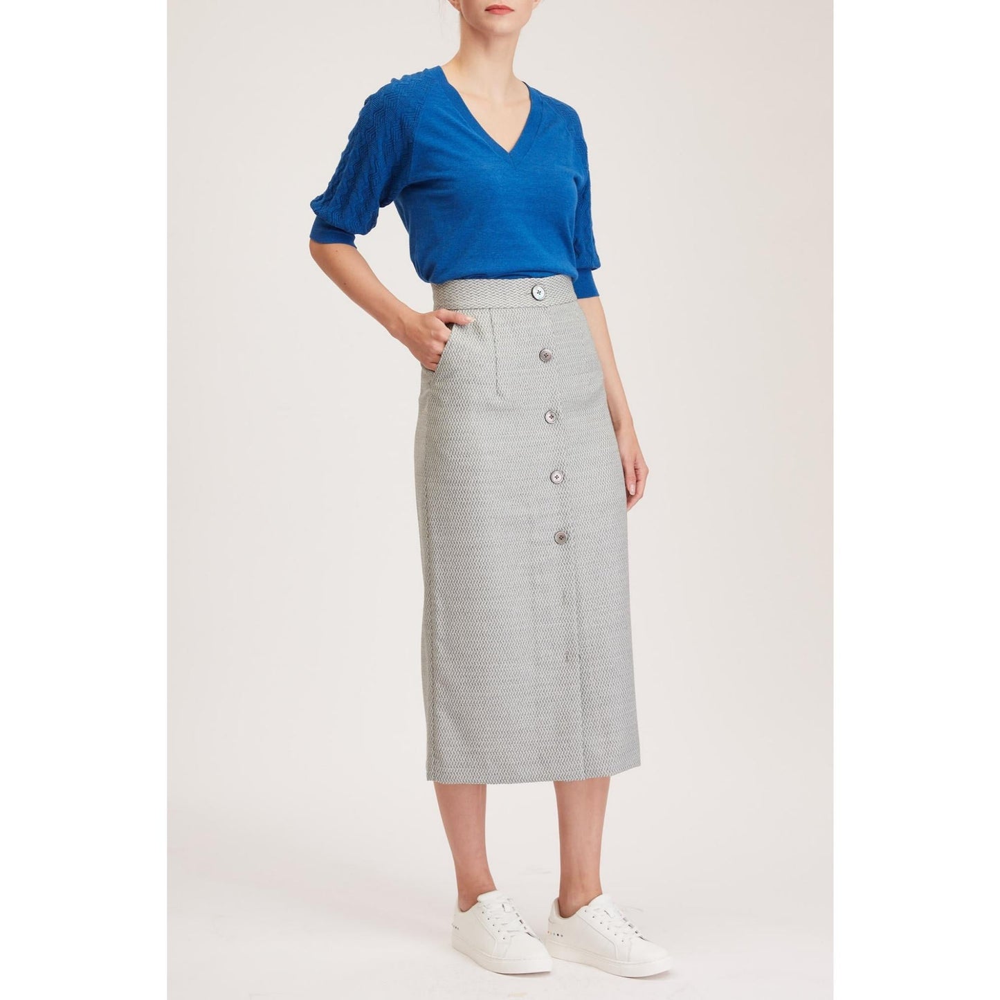 Women Richmond Skirt - Maxi Skirt in White/ Grey Diamond Twill