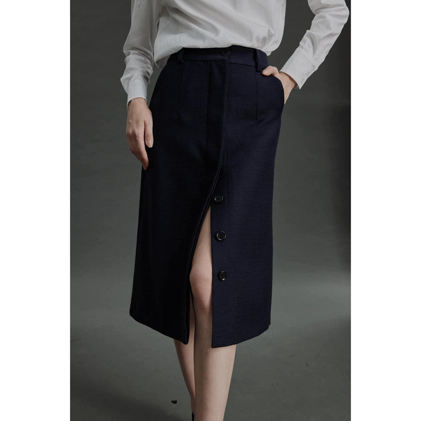 Women Fafe Skirt - A-Line Skirt in Blue Basketweave - Midnight Blue