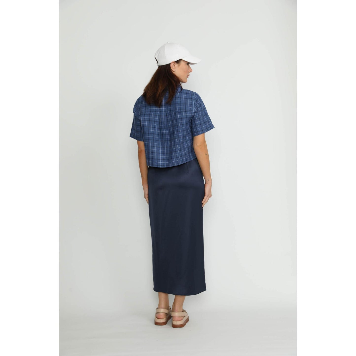 Women Littau Skirt - Littau Navy Satin Pinstripe Wrap Midi Skirt