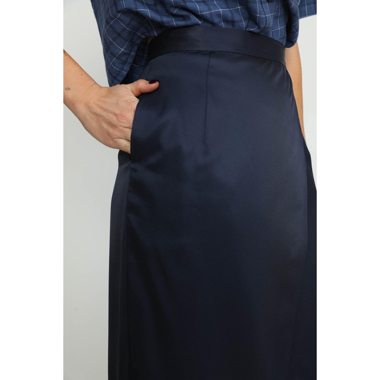Women Littau Skirt - Littau Navy Satin Pinstripe Wrap Midi Skirt